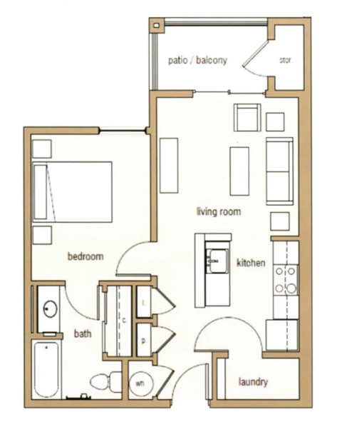 A floor plan of a small apartment with a living room, bedroom, kitchen, and bathroom.
